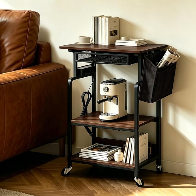 Printer Stand, 3-Tier Rolling Printer Cart with Storage Shelf, Drawers | With Power Outlet, Usb-C, Filing Pockets, Table Desk Organizer For Office Home, Printer, Scanner, Fax, microwave ovens