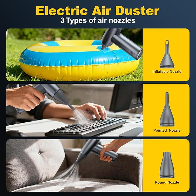 Metal Electric Compressed Air Duster, 300000RPM Brushless Motor with Stepless Speed, Rechargeable Cordless Mini Blower for Computer Keyboard Cleaning, Car Detailing, House and Outdoor Use(Grey)