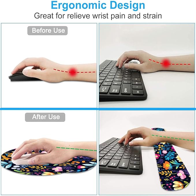 Keyboard Wrist Rest and Mouse Wrist Rest Pad with Cup Coaster,Made of Memory Foam,Ergonomic Support,Easy-Typing and Pain Relief,for Gaming Office Home Computer,Blooming Flower