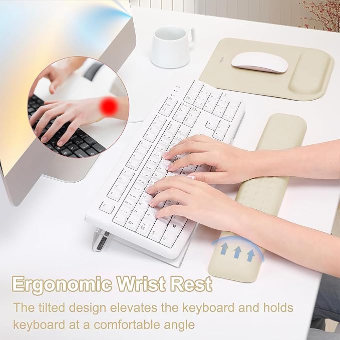 MOSISO Keyboard Stand&Wrist Rest Support for Keyboard &Mouse Pad Set | Ergonomic Massage Wrist Rest Set, Easy Typing Working Acrylic Clear Stand for Office Home, Khaki