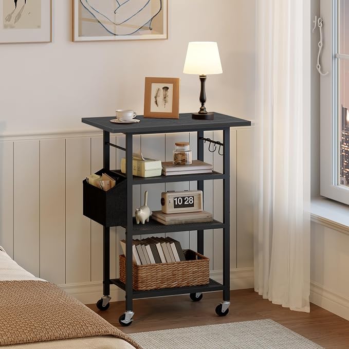 MAHANCRIS 4-Tier Printer Stand, Rolling Printer Table on Wheels, Industrial Storage Stand with Side Pocket, Wooden Tabletop, 2 S-Shaped Hooks, for Home Office, Black PTBK2601