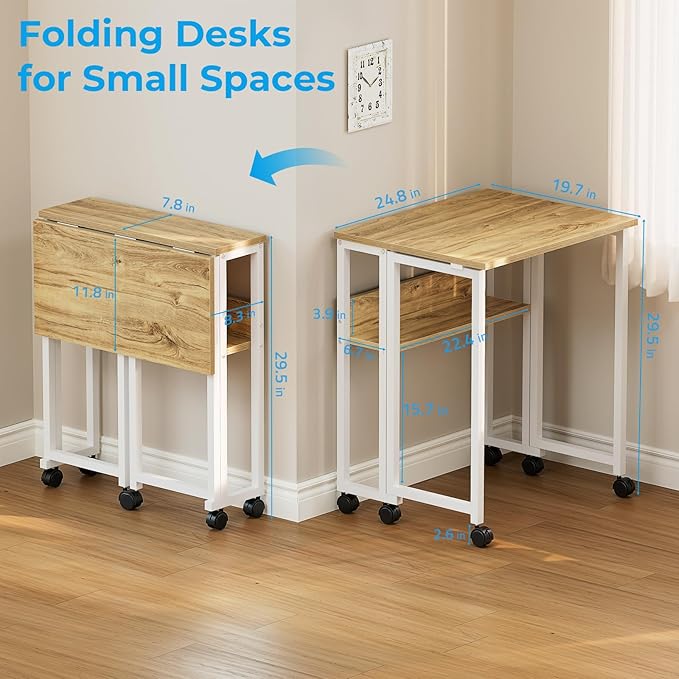GreenForest Folding Desk with Wheels, 24.8" Rolling Table for Small Spaces | Storage Shelf, Lockable Casters, Compact Portable Workstation, Space-Saving Foldable Sofa Table, Home Office, Mobile, Oak