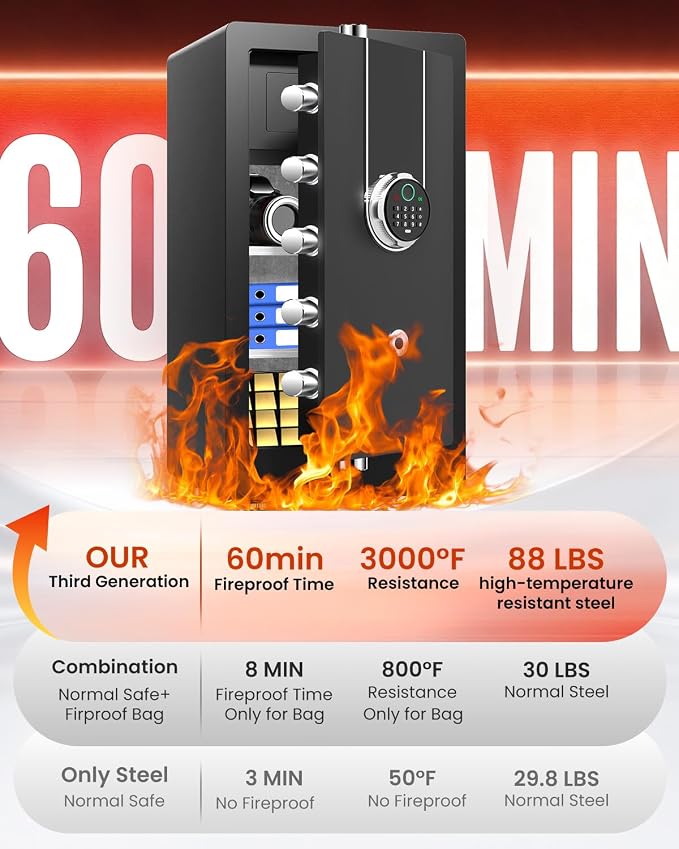 [𝟏𝐇 𝟏𝟕𝟎𝟎°𝐅] Large Fireproof Safe Biometric Safe Box [𝟗.2 𝐂𝐮 𝐅𝐭] | [𝟖𝟖 𝐋𝐛𝐬] Fire Proof Safe for Home Documents with Fingerprint & Keypad, Heavy Duty Safes with Anti-Theft Alarm