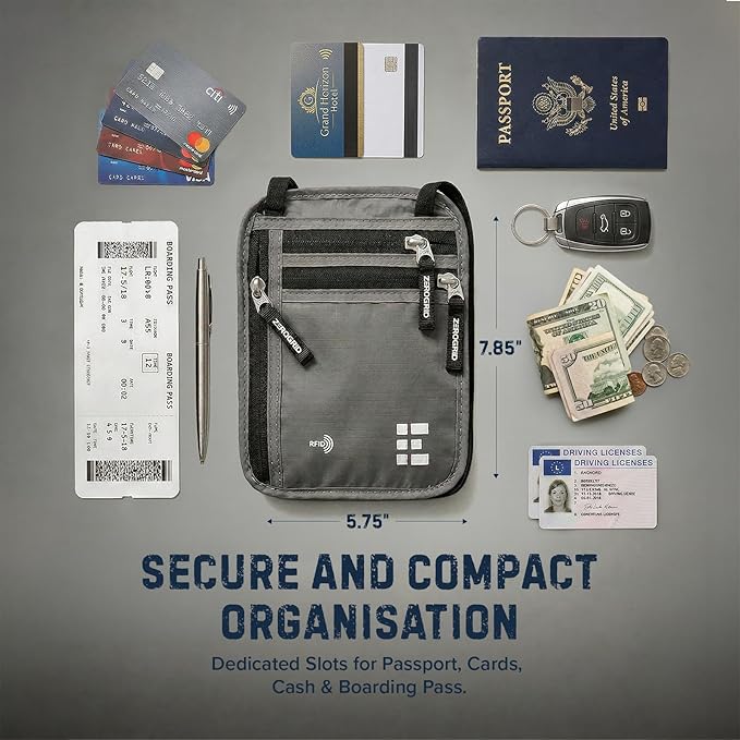 Zero Grid RFID Travel Neck Wallet, Large Passport Holder, Light Grey | Slim & Concealable Travel Pouch for Men & Women; Holds Phone, Cash, Cards, Keys, Waterproof; 4 compartments; Adjustable Strap