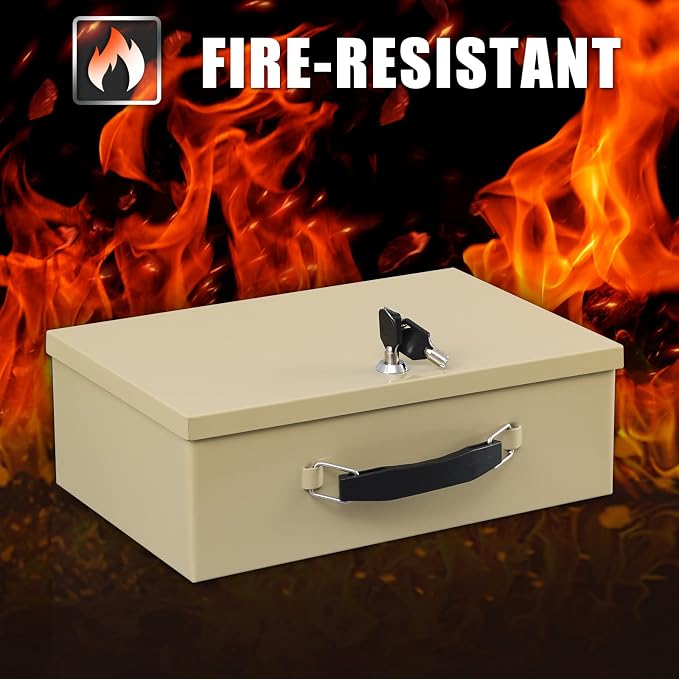 xydled Fireproof Document Box with Key Lock, Fire Safe Box, Sand | Fire and water resistant lock box for documents, passports, cash and valuables, keeping secure at home, 12.8 x 8.5 x 4.5 Inch