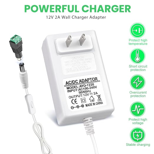 2 Pack 12V 2A Power Supply, 24W 12 Volt DC Power Adapter with On/Off Switch, 110V AC to 12V Wall Plug Transformer for LED Strip Lights with 5.5/2.1mm DC Female Connector