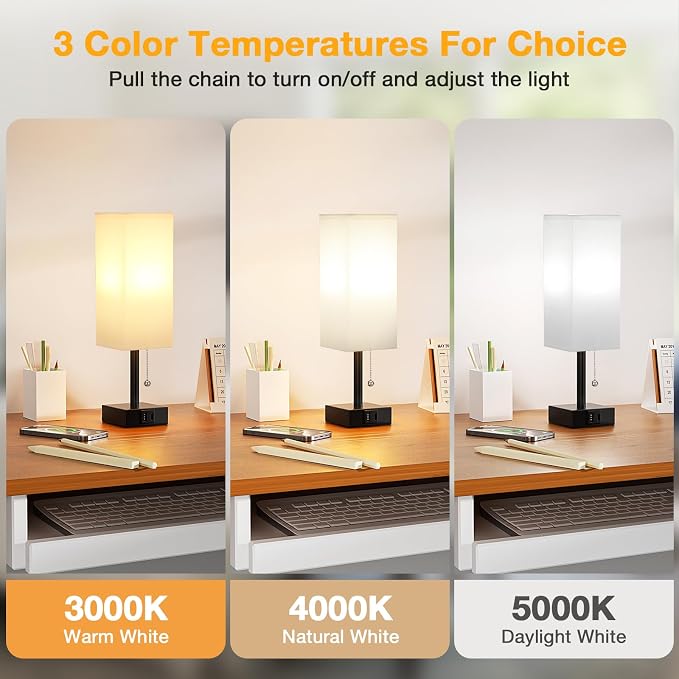 White Small Table Lamp for Bedroom - 3 Color Temperature 3000K 5000K 4000K Bedside Lamp, Pull Chain Control, USB A and C Charging Ports, Black Base, for Kids Office Dorm Nightstand, Bulb Included | Pull Chain Lamp, 3 Color Modes(3000K/4000K/5000K), E26...