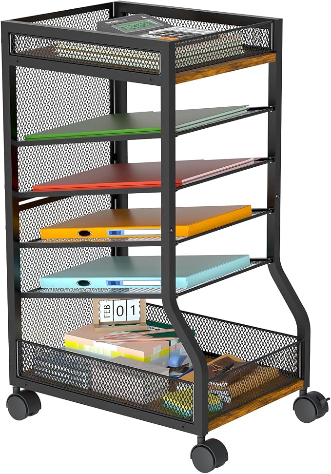 6-Tier Standing File Organizer, Rolling Under Desk Organizer for Office | with Sliding Mesh Paper Letter Trays, Slim Rolling File Cart Under Desk File Holder for Home/Office/Study Organization