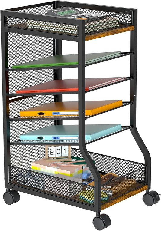 6-Tier Standing File Organizer, Rolling Under Desk Organizer for Office | with Sliding Mesh Paper Letter Trays, Slim Rolling File Cart Under Desk File Holder for Home/Office/Study Organization