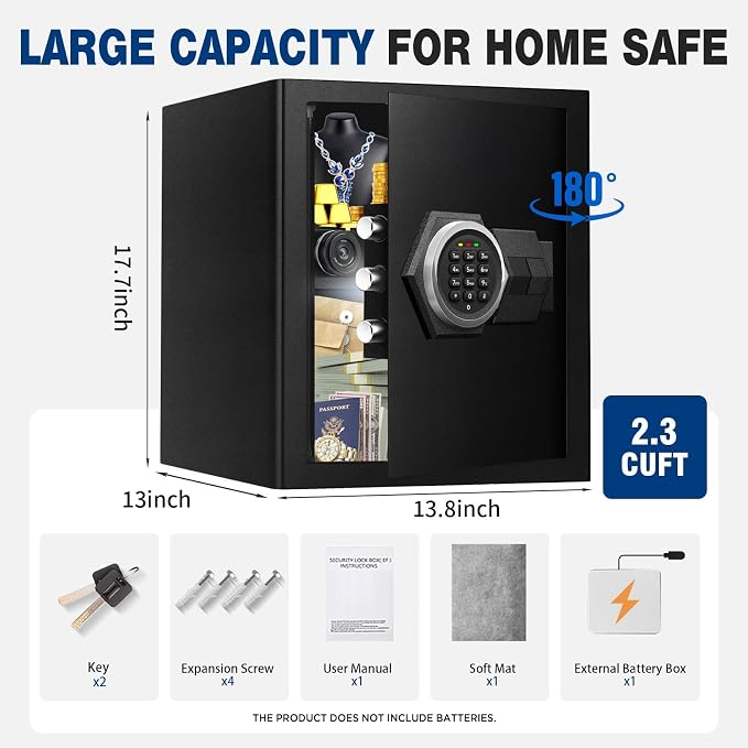 2.5 Cu Ft Large Safe Box,Fire Proof Safe with External Battery Box | Steel Security Box with Digital Electronic Keypad, Removable Shelf Safety Lock Box for Office Documents Money Jewelry Gun