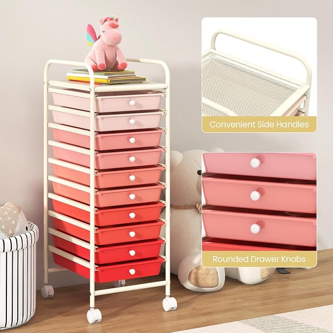 COSTWAY 10-Drawer Rolling Storage Cart, Utility Mobile Trolley | Removable Drawers & Universal Casters & 2 Brakes, Versatile Flexible Drawer Organizer Cart for Home, Office (Mixed Pink)