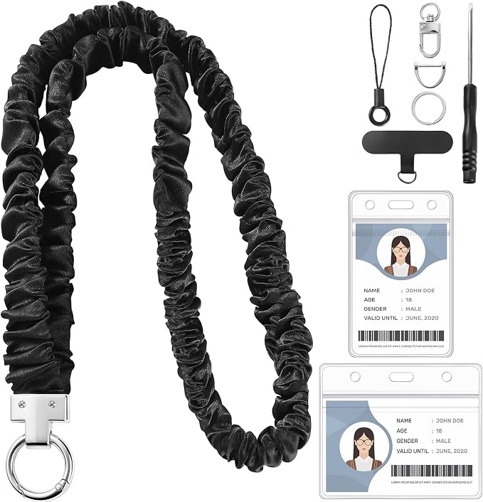 Prudiut Scrunchie Lanyards for ID Badges Retractable Teacher Lanyard Black Stretchy Scrunchie Lanyard with ID Holder (Silver Metal Key Ring)