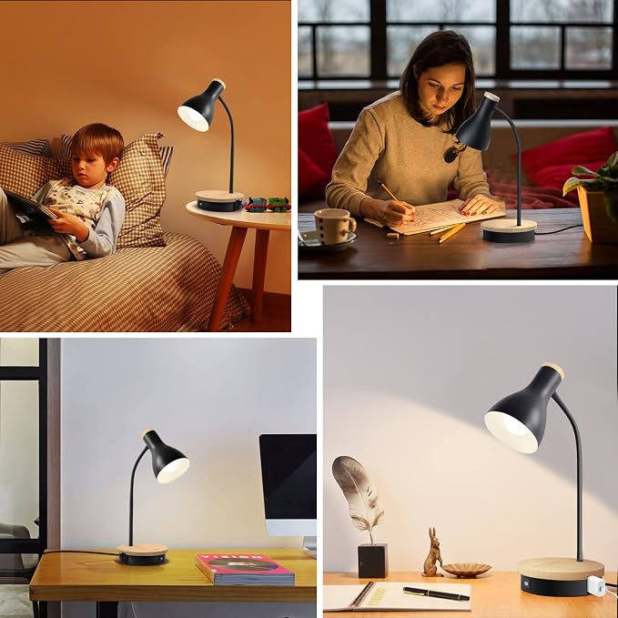 LALISU Metal Desk Lamp Wireless Charging Table Lamp Touch Reading Lights Arc Desk Lamps for Bedroom, 3 Way Dimmable Bedside Lamp with USB Charging Ports Lamp for Study Room and Office (Black)