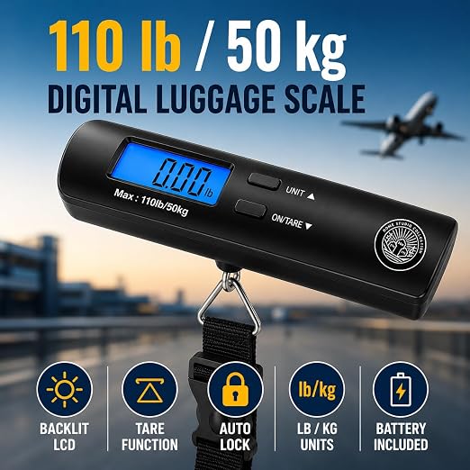 Digital Luggage Scale, Backlit LCD, 110lb, Hook | Handheld hanging suitcase scale, tare function, auto shut-off, battery included, 2 bonus luggage tags, secure locking hook