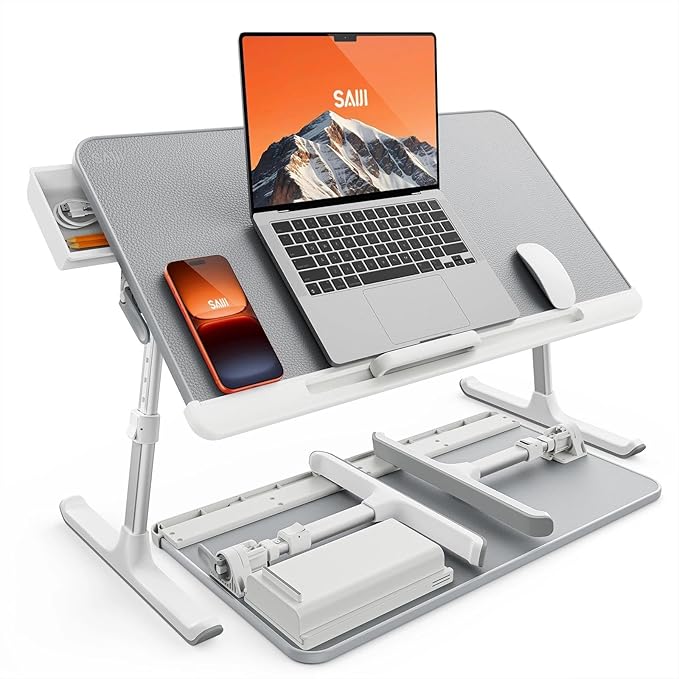 SAIJI Laptop Bed Tray Table - Adjustable Lap Desk for Couch (Gray) | Fits 17" Laptop, Work From Home & Dorm Study, with Storage Drawer & PVC Leather