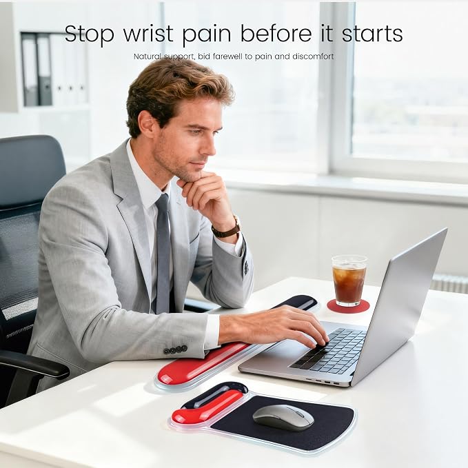 Ospelelf Mouse Pad with Wrist Rest and Ergonomic Gel Keyboard Hand Wrist, Support for Typing Gaming, Relieve Wrist Pain, Cool & Easy to Clean, for Office, Programmer, Home Computer Use, Black Red
