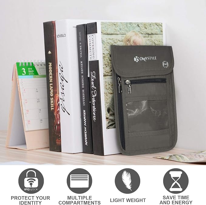 OMYSTYLE Neck Wallet, RFID Passport Holder for Travel, Adjustable Neck Strap, Waterproof Neck Pouch for Men & Women to Keep Cash, Credit Cards and Documents Safe, Grey (8x6)