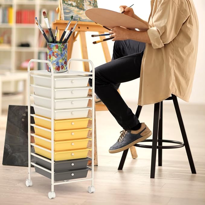 COSTWAY 10-Drawer Rolling Storage Cart, Utility Mobile Trolley | Removable Drawers & Universal Casters & 2 Brakes, Versatile Flexible Drawer Organizer Cart for Home, Office (Yellow)