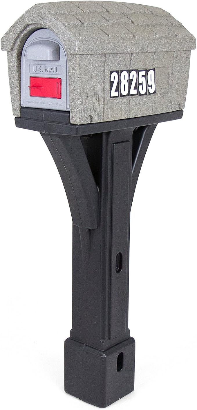 Simplay3 Classic Home Plastic Residential Mailbox & Post Mount Combo Kit with 2 Access Doors - Stone Gray/Black, Made in USA