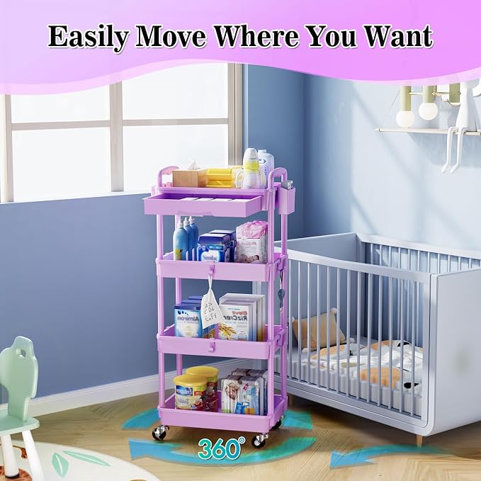 SUNALLY 4 Tier Rolling Cart with Drawer,Craft Storage Cart Organizer,Purple | Bathroom Storage Organizer with 2 Lockable Wheels, Rolling Utility Cart for Kitchen, Office, Baby, Makeup, Nail,Snack,Laundry