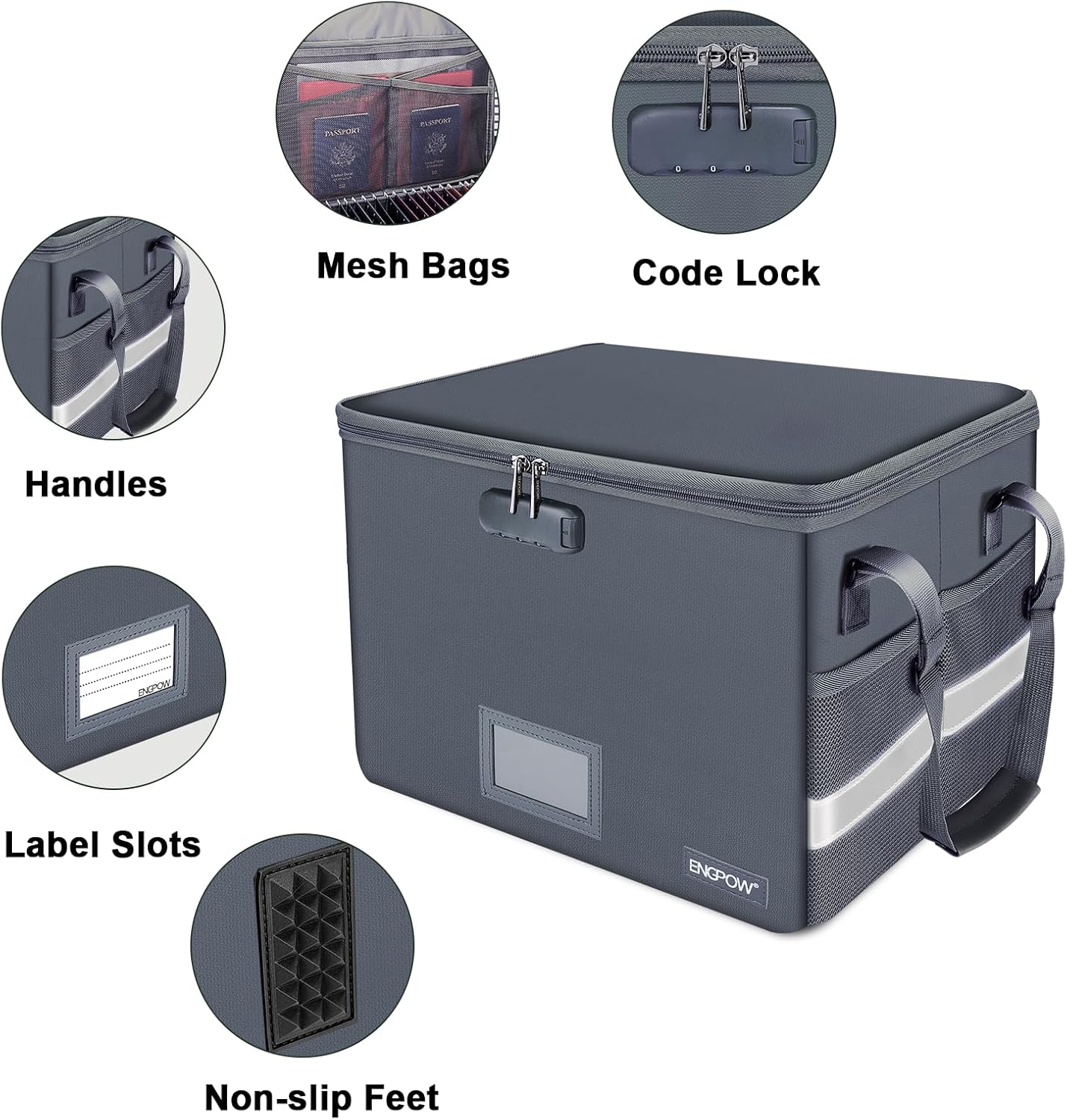 ENGPOW File Box with Lock, Fireproof Document Box with Zipper Lid, Collapsible File Organizer Storage Filing Cabinet with Handle, Portable Home Office Safe for Hanging Letter/Legal Folders, Grey