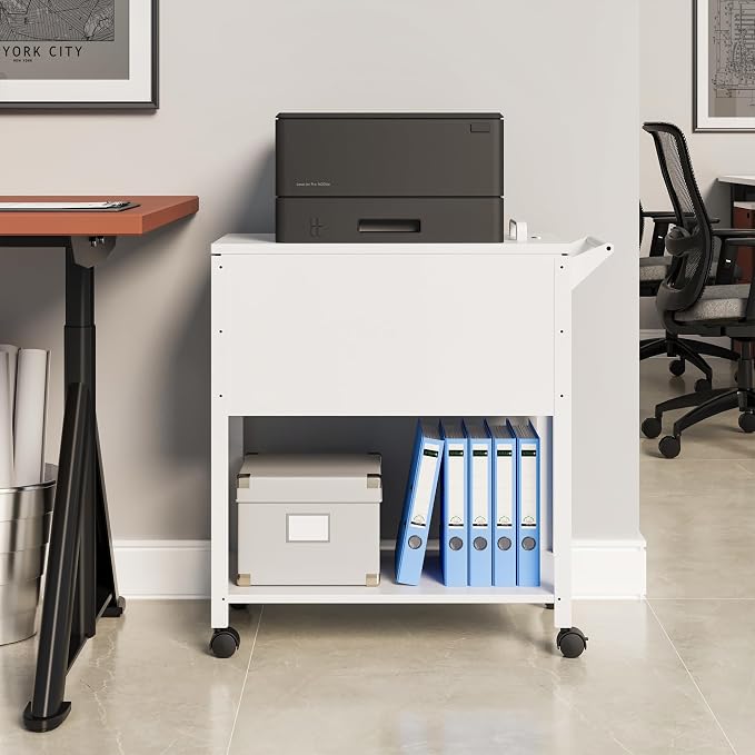 Mobile File Cart, 2-Tier Rolling File Cart with Wheels Hanging Files, Metal File Cabinet with Lock and Sliding Covers for A4/Letter/Legal Size, White