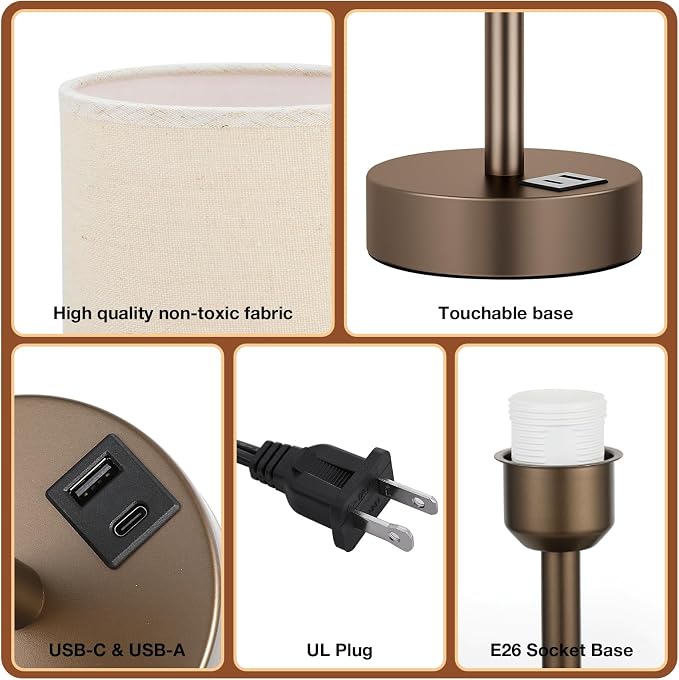 Dicoool Bedside Table Lamp for Bedroom - 3-Way Dimmable Touch Lamp, USB A+C | LED Bulb Included, 14" Small Nightstand Lamp for Desk, Living Room, Guest Room, Beige Fabric Lampshade, Brown Metal Base