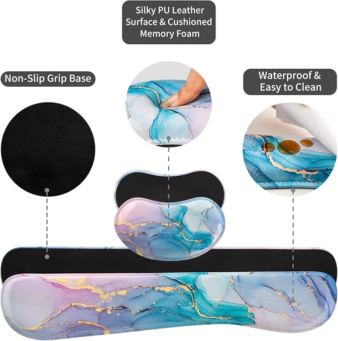 QIYI PU Leather Desk Mat Set, 4-in-1 Ergonomic Wrist Rest, Blue Pink Fluid | Waterproof Large Mouse Pad 31.5×15.7 + Keyboard Wrist Rest + Mouse Wrist Support+Coaster, Non-Slip Office Gaming Accessories