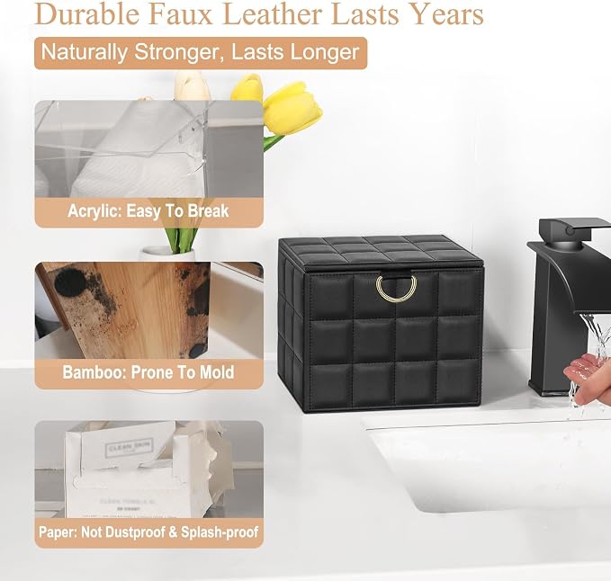 Disposable Face Towel Holder Box XL for Clean Skin Club Organizers | Black PU Leather Face Towels Container, Reusable Organizer for Clean Skin Towel Makeup Wipe Holder Counter Bathroom Storage