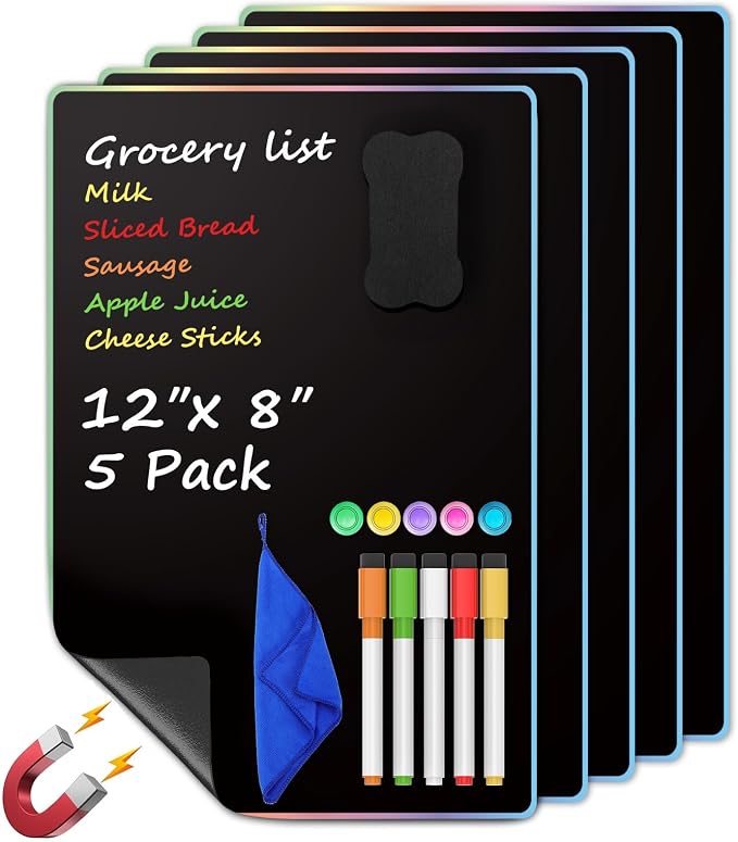 MaxGear Magnetic Whiteboard for Fridge 12x8 Black 5 Pack | Strong Magnet, Dry Erase, Reusable, Easy Clean, Stain Resistant, Meal Planner, Grocery List, Family Notes, Kitchen Organizer