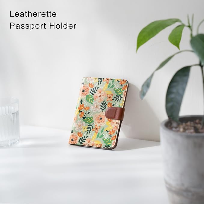 Leatherette Passport Holder with Floral Patterns, Premium PU Leather, Snap Button Closure, Travel Wallet Cover for Passport, Boarding Pass, and Cards (Enchanting blossom)