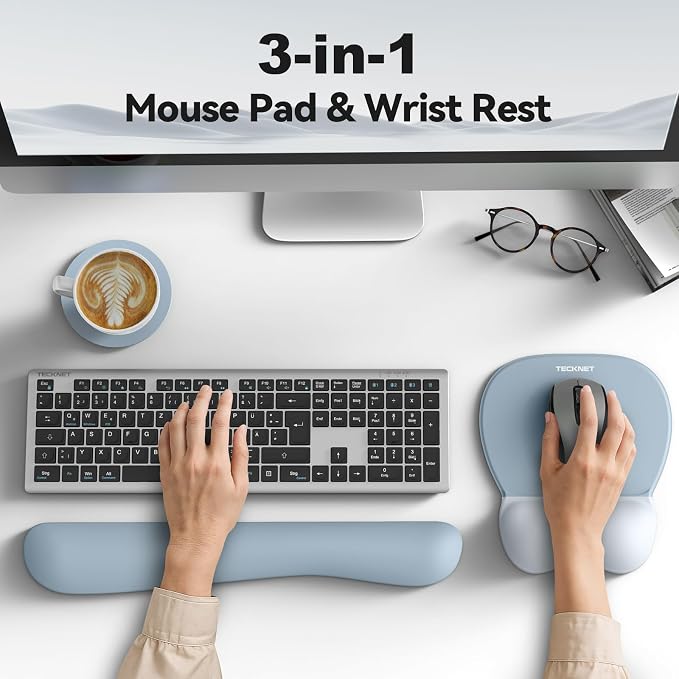 TECKNET Gel Ergonomic Mouse Pad & Keyboard Wrist Rest & Coaster | 3 in 1 Set, Pain Relief, Milk Silk Cloth, Non-Slip PU Base, Easy Typing, Memory Foam Wrist Support for Office & Home