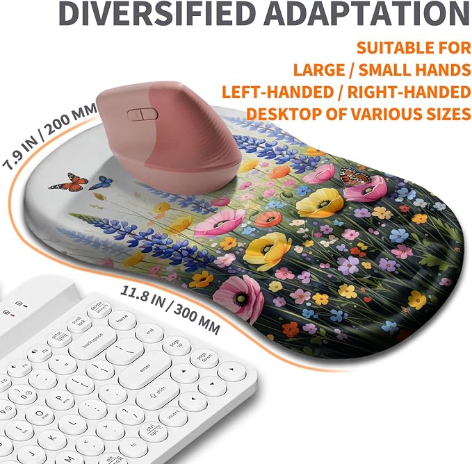 Ergonomic Joint Wrist Support Mouse Pad with Memory Foam Cushion Massage Bump, Carpal Tunnel Pain Relief Mousepad Slope Design for Wrist Rest, 11.8x7.9 in, Wild Flower
