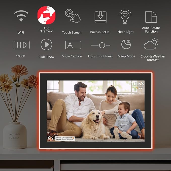 32GB FRAMEO 10.1 Inch WiFi Digital Photo Frame, 1280x800 HD IPS LCD Touch Screen, Auto-Rotate, 32GB Storage, Support USB Drive/SD Card Extend Storage, Share Moments via Frameo App