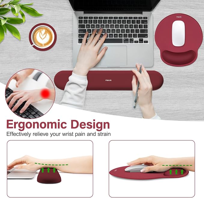 MOSISO Wrist Rest Support for Mouse Pad&Keyboard Set, Wine Red | Circle Curved Ergonomic Mousepad Non-Slip Base Home/Office Pain Relief&Easy Typing Pad with Soft Cloth&Silicone Lining