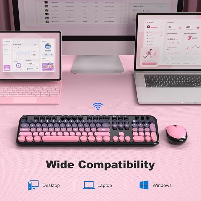 MOFII Wireless Keyboard and Mouse Combo, Full Size 2.4G Retro Round Computer Keyboard and Mouse Set, Plug and Play, for Windows, Computer, Desktop, PC, Notebook - (Lovely Plum Pink Gradient)