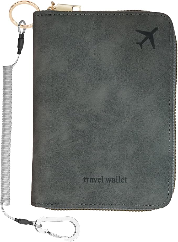 Passport Holder with Tether and Carabiner Clip to Prevent Loss and Theft, Rfid Passport Holder for Travel, Passport Cover, Wallet & Case for Men and Women (Gray - Tether and Carabiner)