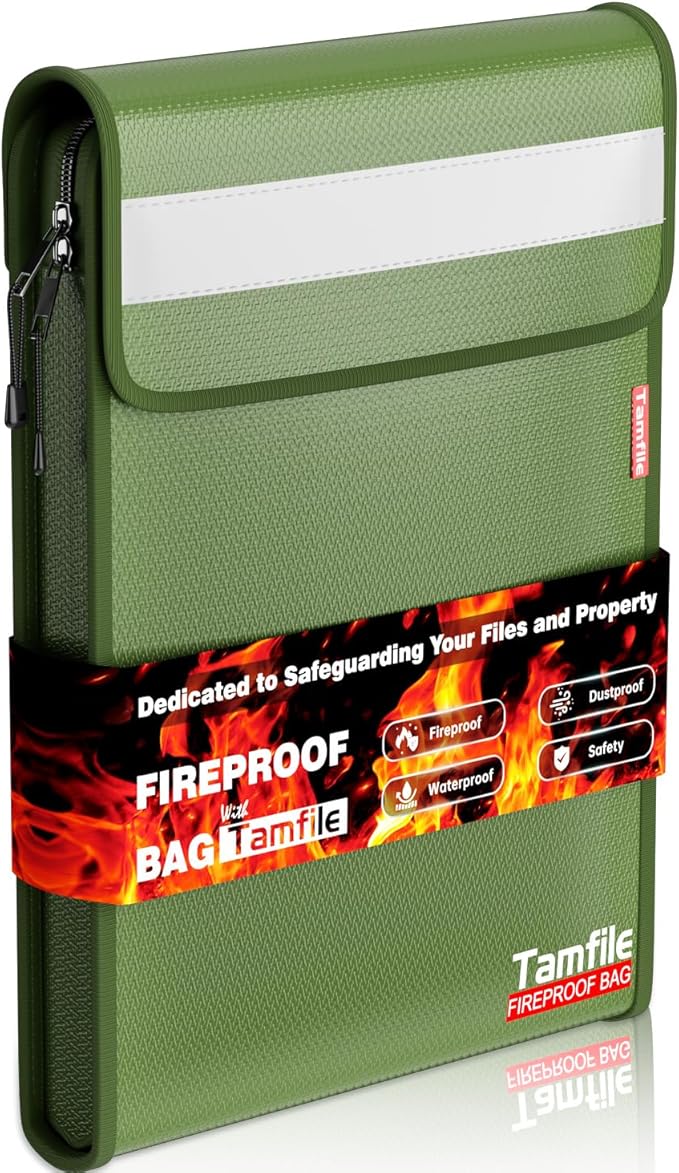 6400℉ Fireproof Document Bag, 15”x 11” Waterproof Document Organizer, Green | Fireproof Money Bag, 2 Pockets,Safe Important Document Organizer for A4 A5 Legal Letter Size, Valuables, Legal Documents