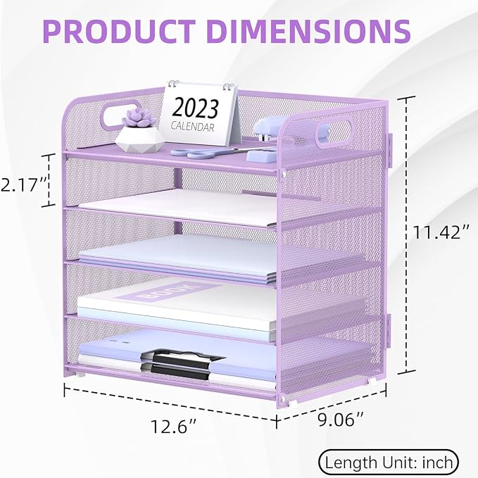 5 Trays Paper Organizer Letter Tray with Handle-Mesh Desk File Holders, Paper Sorter Desk Organizer for Office, Home, Classeoom or School, Purple