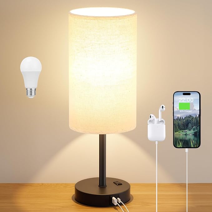 Dicoool 17.4" Bedside Lamp for Bedroom - Dimmable Touch, USB A+C, AC Outlet | LED Bulb Included, 3-Way Dimmable, 17.4" Table Lamp for Living Room, Dorm, Beige Fabric Lampshade, Black Metal Base
