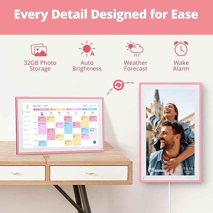 Dragon Touch 15.6 inch Digital Calendar & Chore Chart - Interactive Touchscreen Smart Family Planner,Digital Picture Frame for Mom, Women, Christmas & Weddings Pink