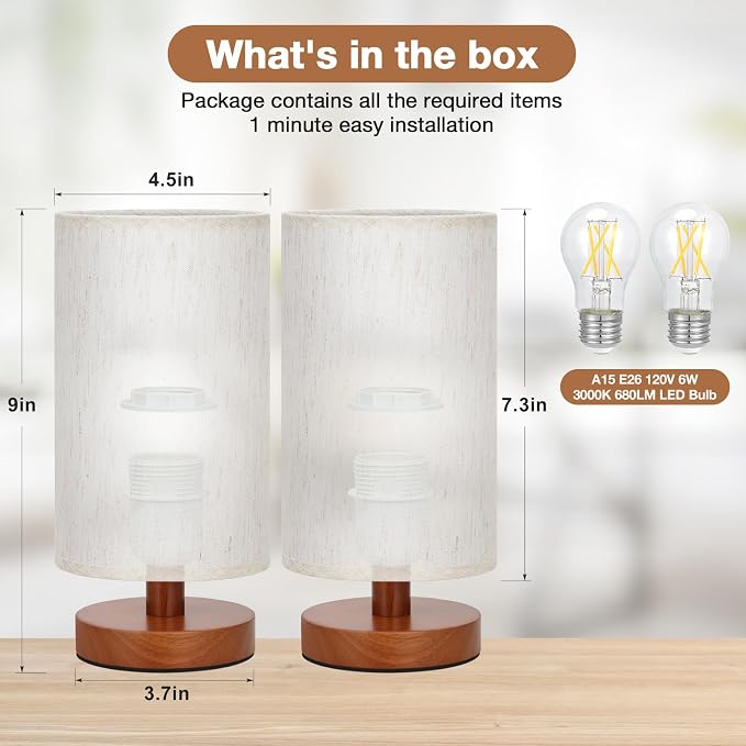 Desk Small Lamps Set of 2 (Cream Shade - Walnut Base, 9" Inline Control) | Two 3000K LED Blubs Included | 680 Lumens | Easy Assembly | Minimalist Design | E26 | for Kitchen | for Kids Room