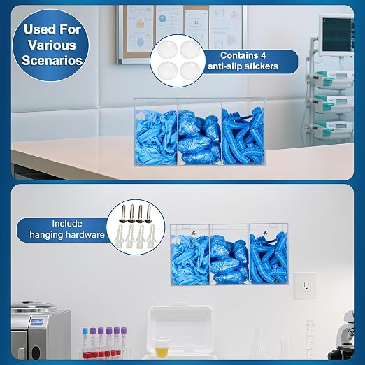 SEANADO Clear Acrylic Glove Holder Dispenser with Lid, 3 Compartments Hygiene Station Storage Box for Beard Nets, Hairnets, Plastic Bags, Shoe Cover - Wall Mount or Tabletop