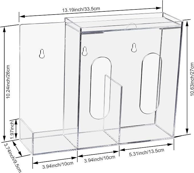 SEANADO Face Mask Dispenser 3 Compartment Acrylic Glove Box Holder Hygiene Station for Disposable Face Masks, Emesis Bag, Shoe Cover and Hairnet, Wall Mount Holes or Tabletop Holder （Clear）