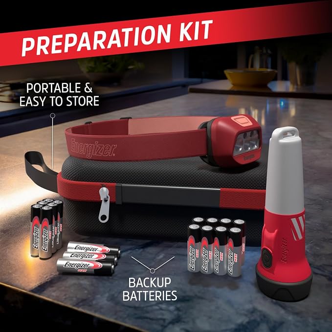 Energizer WeatheReady Power Outage Kit with 2-in-1 LED Flashlight Lantern, LED Headlamp, IPX4 Water-Resistant, Backup AA + AAA Batteries, Storage Case, Hurricane Preparedness Items