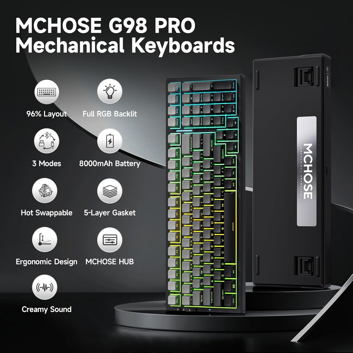 G98 PRO Wireless Mechanical Keyboard, Tri-Mode Connection Gaming Keyboard, Hot Swappable Custom Gasket Structure Pre-lubed Linear Switches Double Shot PBT Keycaps RGB LED Backlit Gradient Black
