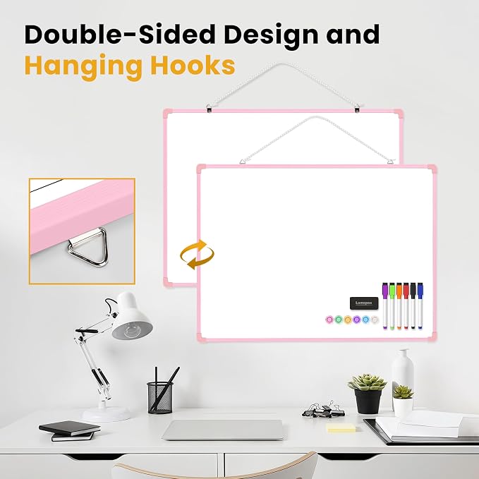 Dry Erase Board for Wall, 24" x 18" Double-Sided Hanging Magnetic Whiteboard with 6 Markers, 6 Magnets and 3 Mini Sticky Notes, Large White Board for School, Home, Office, Pink Frame