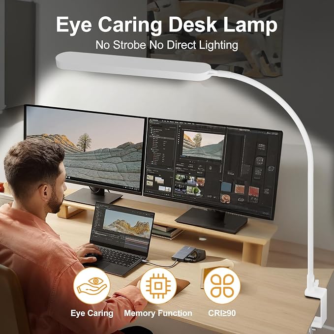 Led Desk Lamp - 33.5" Desk Light - Flexible Gooseneck - 5 Color Modes X 11 Brightness Levels - 1300LM - Timmer & Memory Function - 12W Clip on Light - White