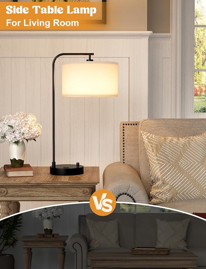 Innqoo White Side Table Lamp with USB Port and Outlet, Dimmable Nightstand Bedside Lamps with Linen Lampshade, Desk Lamp for Bedroom, Living Room, Guest Room, Home Office, LED Bulb Included