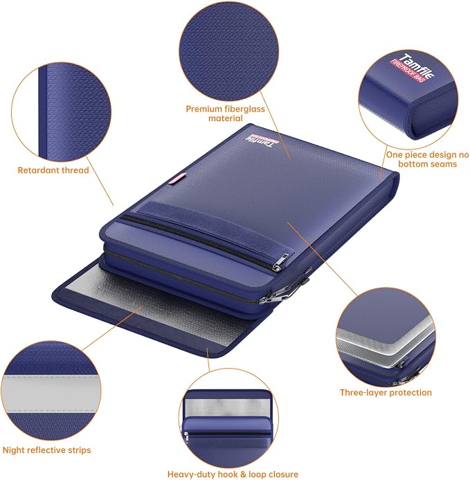 6400℉ Fireproof Document Bag, 15”x 11” Waterproof Document Organizer, Blue | Fireproof Money Bag, 2 Pockets,Safe Important Document Organizer for A4 A5 Legal Letter Size, Valuables, Legal Documents